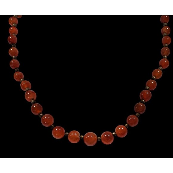 Vintage Polished Carnelian Beaded Necklace With Gold Tone Accent Beads - Picture 4 of 6
